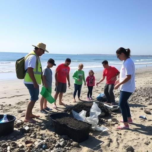 Famiglia che partecipa a un evento di volontariato per la pulizia di una spiaggia.