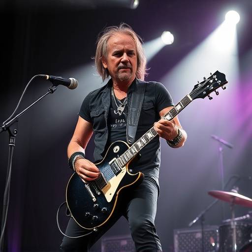 Vasco Rossi che si esibisce sul palco con la sua chitarra elettrica.