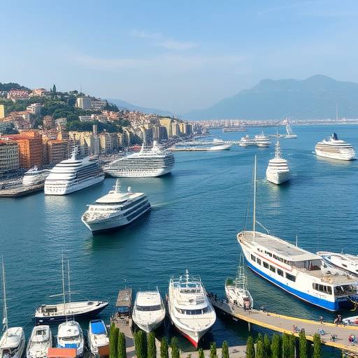 Vista del porto di Napoli con numerose navi mercantili e traghetti.